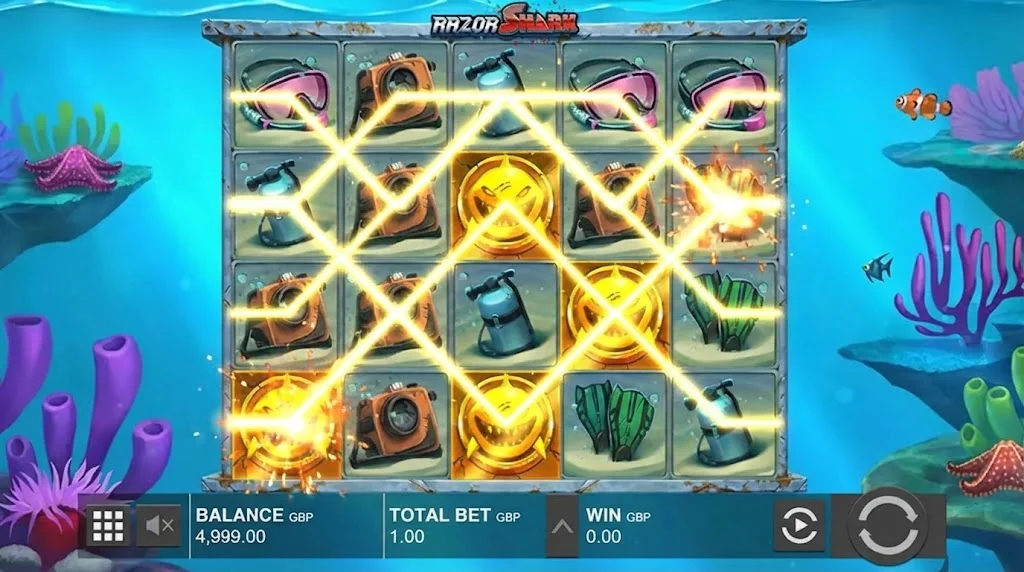 Cuadrícula de 5 rodillos y 4 filas de Razor Shark mostrando las 20 líneas de pago fijas