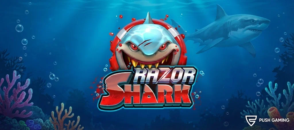 Logo oficial del juego Razor Shark de Push Gaming con temática submarina de tiburones